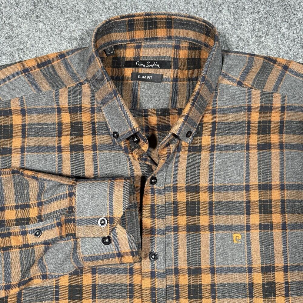 Pierre Cardin Slim Fit Flannel Shirt Gray Orange Plaid Mens Large 41/42